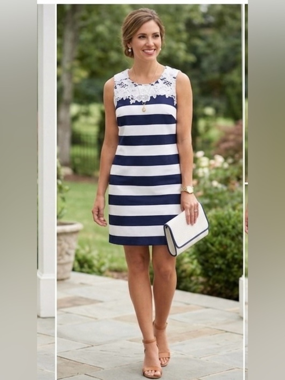 Madison Leigh Size 12 Striped navy & White Sleeveless Dress with Lace Detail EUC